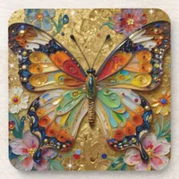 Beautiful Impasto Butterfly and Flowers   Beverage Coaster