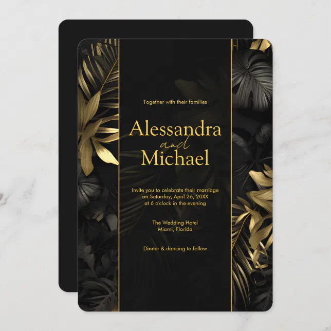 Modern Black Gold Tropical Leaves Wedding Invitation