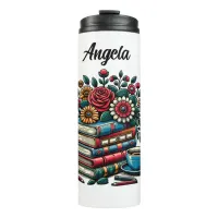 Personalized Vintage Books, Coffee and Flowers Thermal Tumbler