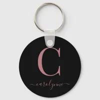 Modern Elegant Black Rose Gold Monogram Script Keychain