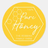 Modern White On Yellow 100% Pure Honey Jar Classic Round Sticker