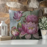 Ellis Rowan Pink Water Lily Vintage Flowers Throw Pillow