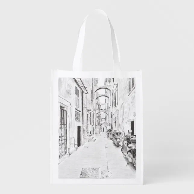 Narrow Italian Street - Original Pencil Drawing Grocery Bag