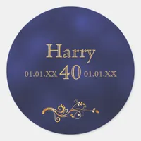 40th birthday elegant dark blue and gold classic round sticker