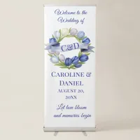 Elegant Watercolor Tulip Wreath Wedding Blue Ivory Retractable Banner