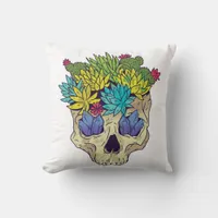 Skull, Crystals, Succulents, on Light Background Throw Pillow