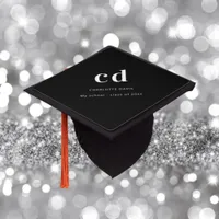 Black white monogram name modern minimalist graduation cap topper