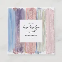 *~* Brush Splash Stripe Gold Glitter Rose Bud Square Business Card