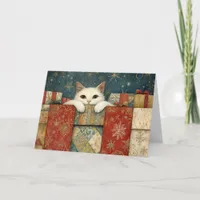 White Cat Peeking over Christmas Gifts Greeting Card