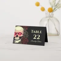 Black floral moody gothic skull red rose halloween place card