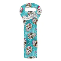 Sugar Skulls and Swirls Rose Turquoise ID725 Wine Bag