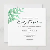 Mint Green Leaf Floral Watercolor Square Wedding Invitation
