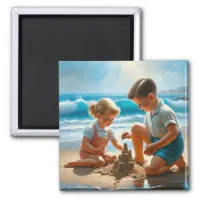 Cute Nostalgic Children at the Beach 50's Era Magnet