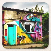 Beauty in Destruction  Colorful Graffiti Abandoned Square Paper Coaster