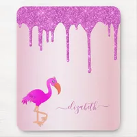 Pink glitter drips flamingo girly mouse pad