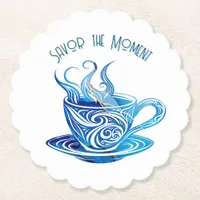 Artistic Blue Coffee Cup with Swirling Patterns Paper Coaster