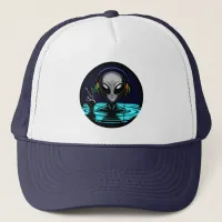 Alien Headphones giving Peace Sign  Trucker Hat