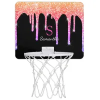 Rainbow Glitter Drips Sparkle Monogram Name Mini Basketball Hoop