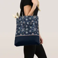 Simple Dark Blue with Snowflakes Color Block Tote Bag