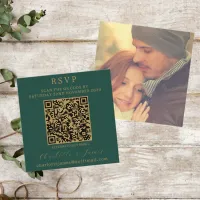 Elegant Script Photo QR Gold And Green RSVP Enclosure Card