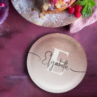 Girly Rose Gold Glitter Blush Monogram Script Name Paper Plates