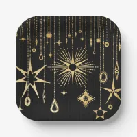 New Year's Wishes Stars Black and Gold Paper Plates