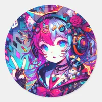 Glitchcore Colorful Anime Artwork Classic Round Sticker