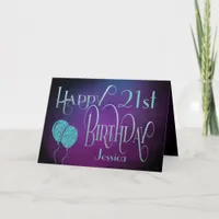 Stylish 21st Name Purple Teal Happy Birthday Card