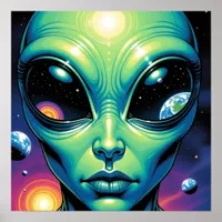 Alien Face with Planets Reflections in Eyes Poster