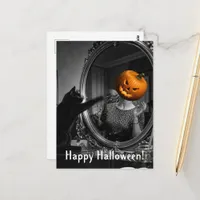 Vintage Halloween Cat Knocks Jackolantern Head off Postcard