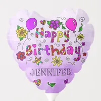 Purple Whimsical Happy Birthday Flowers and Hearts Balloon