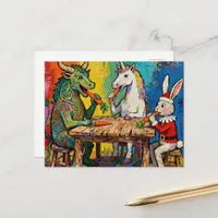 Dragon, Unicorn and Santa Bunny Eat Carrots Postcard