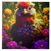 Pretty Colorful Chicken in Flower Garden Ceramic Tile