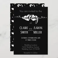 Romantic hearts white on black wedding invitation