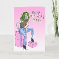 Cute Pink Teen Girl Illustration Birthday Card