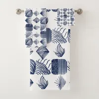 Bold Caribbean Tribal Mudcloth: White, Navy Blue Bath Towel Set