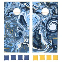 Blue, White and Gold Swirls Fluid Art Cornhole Set