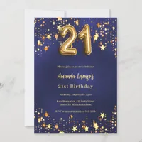 21st birthday navy blue gold stars invitation