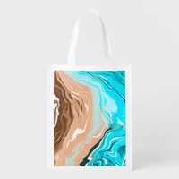 Tan to Blue Ombre Fluid Art   Grocery Bag