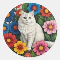 Fluffy White Cat and Folk Art Flowers Classic Round Sticker