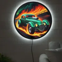 Vintage hotrod racing down a fiery highway LED sign