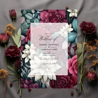 Burgundy, Forest Green and Charcoal Floral Wedding Invitation