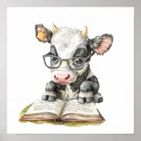 Nursery Art Poster Cow Reading with Eyeglasses