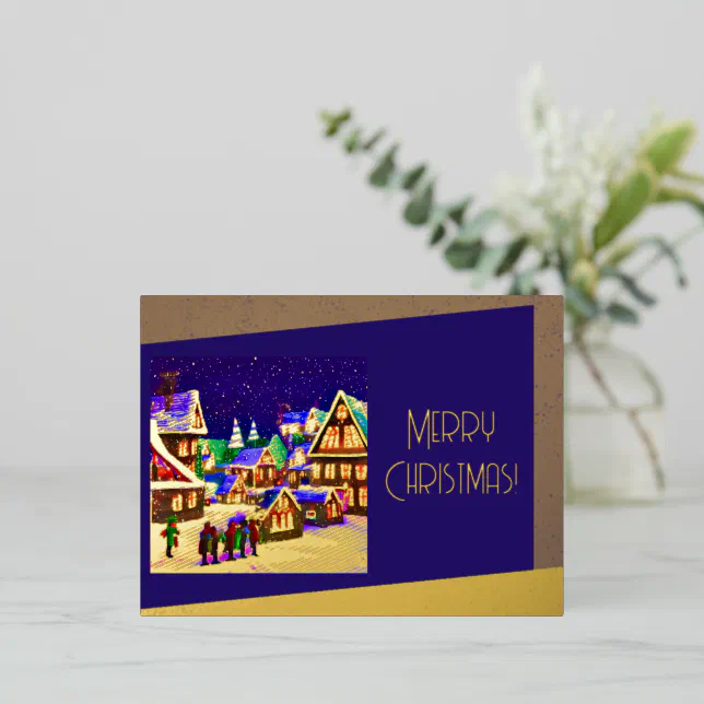 Merry Christmas Foil - village in the snow Foil Holiday Postcard