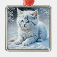 Cute White Cat Playing in the Snow Christmas Metal Ornament