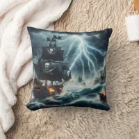 Pirate Ship Battling Stormy Seas at Night Throw Pillow