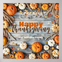 Pumpkins and Leaves on Wood Autumn Thanksgiving Poster