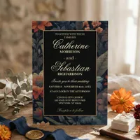 Vintage Dark Moody Floral Rust Navy Linen Wedding Invitation