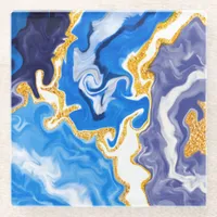 Beautiful Blue, Gold and White Swirls like Water   Glass Coaster