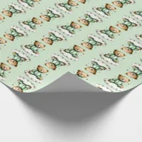 Cute Teddy Bear Green PJs Green Background Wrapping Paper